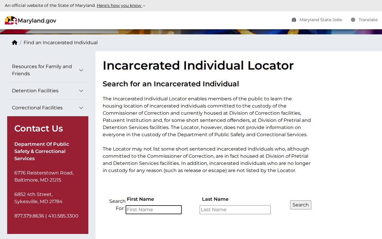 Baltimore people search incarcerated person locator