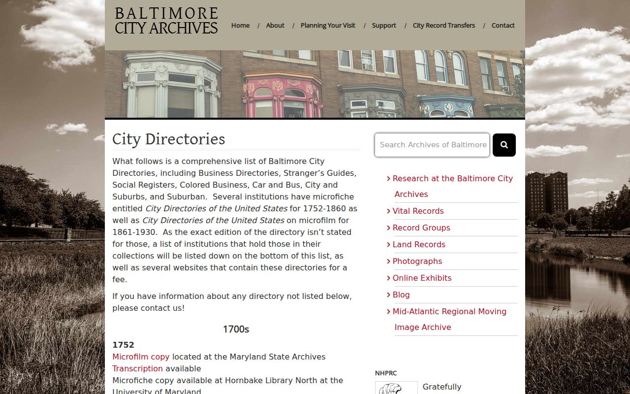 Baltimore people directories archive inventory from 1752