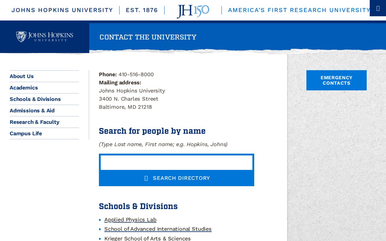 Baltimore people directories Johns Hopkins university search