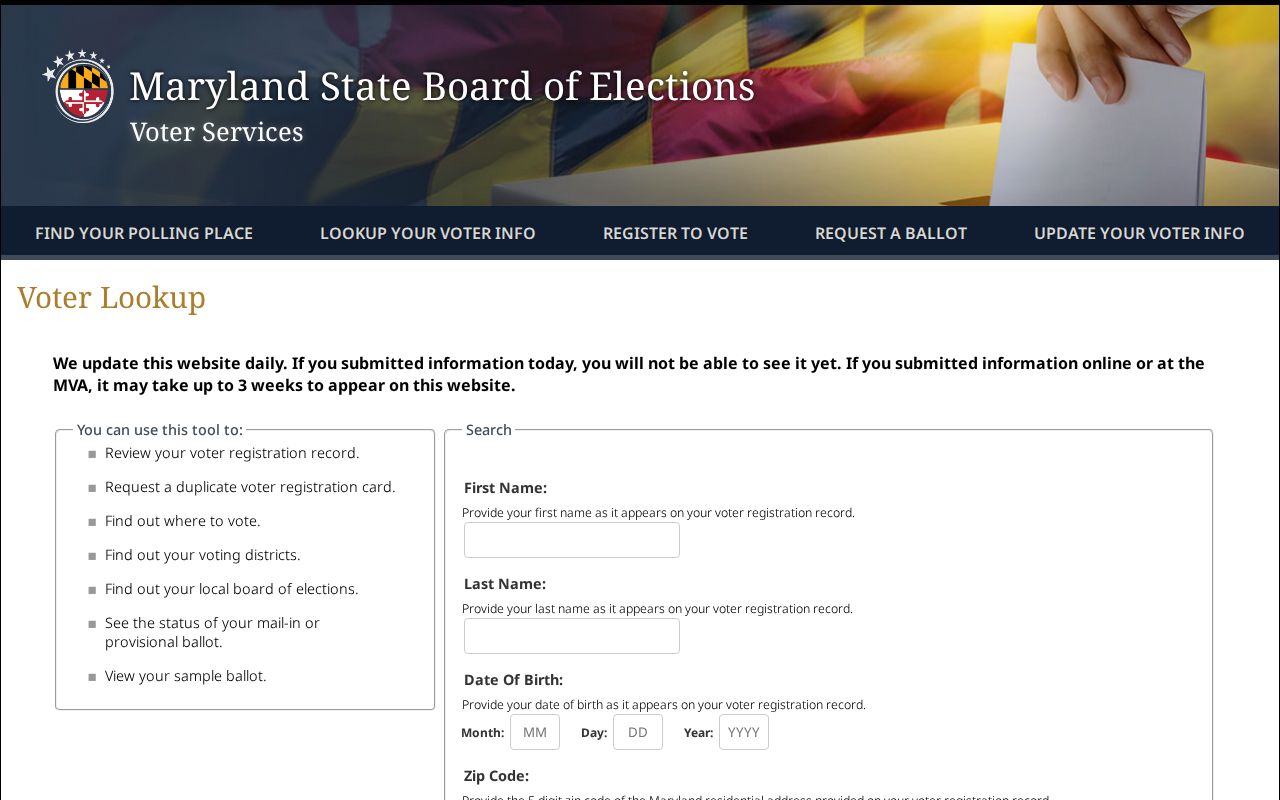 Baltimore voter registration records lookup fields