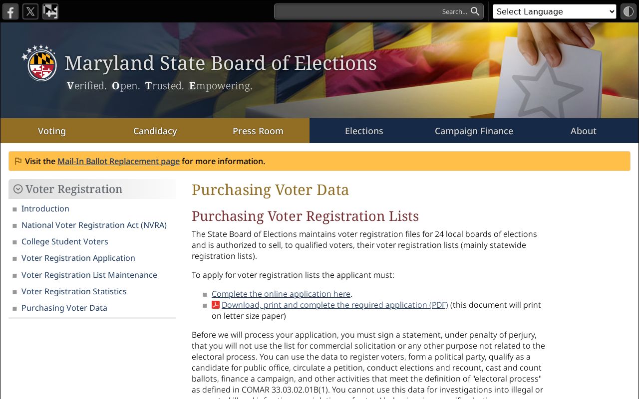 Baltimore voter registration records file eligibility and cost